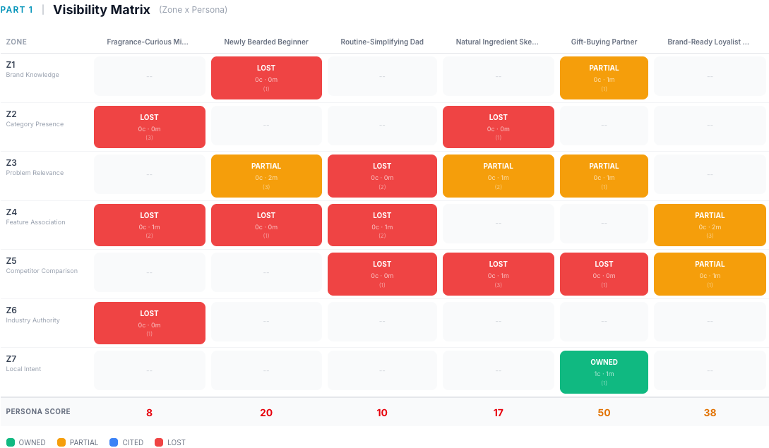BlueJar Visibility Matrix — Zone x Persona grid