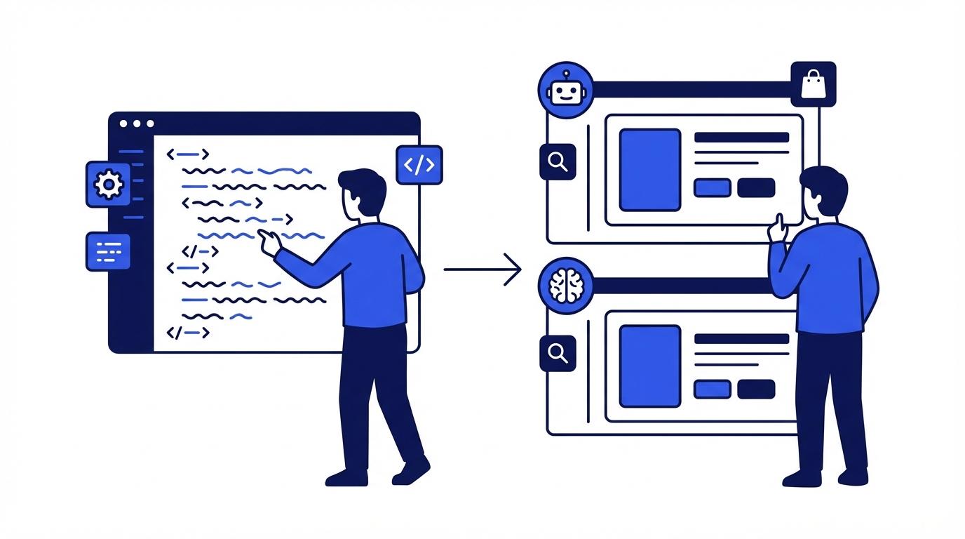 Agency team reviewing schema markup conflicts and AI visibility gaps for a Shopify client store