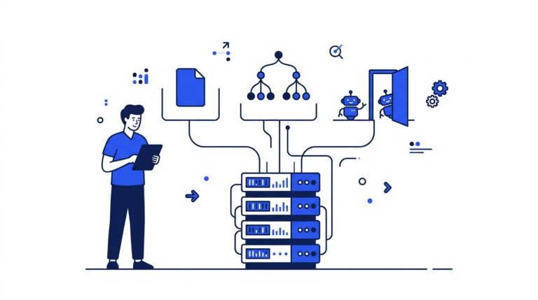 Developer reviewing a technical GEO stack: an llms.txt file, a schema knowledge graph, and AI crawler bots at a gateway, connected to a server stack.