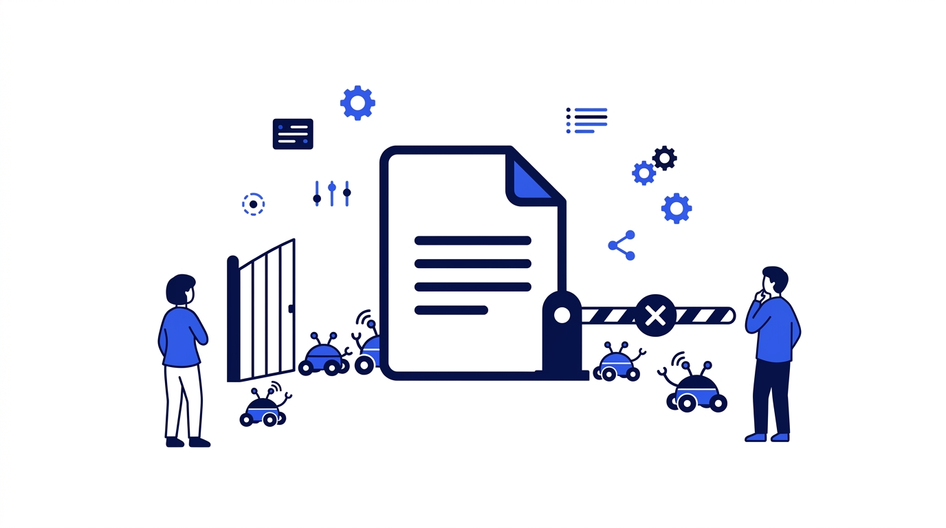 AI crawler bots passing through an open gate while one is blocked, illustrating robots.txt allow and disallow rules for AI crawlers.