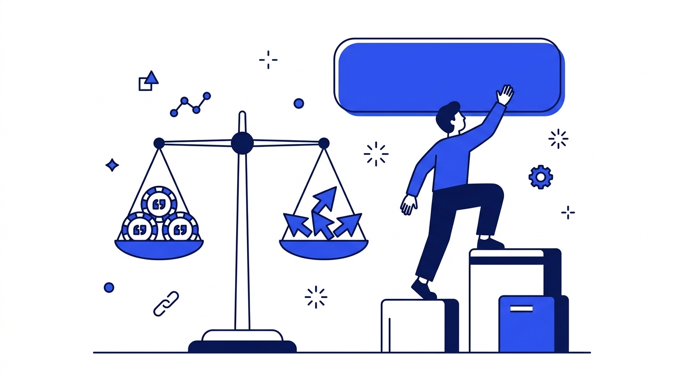 A small website climbing toward an AI Overview box beside a balance scale weighing citations against organic clicks.
