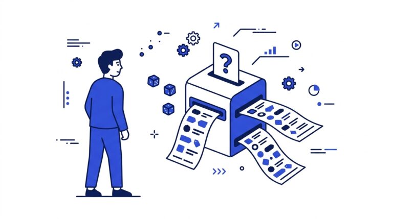 Flat illustration of one query card feeding a machine that outputs three different shuffled brand shortlists, with dice
