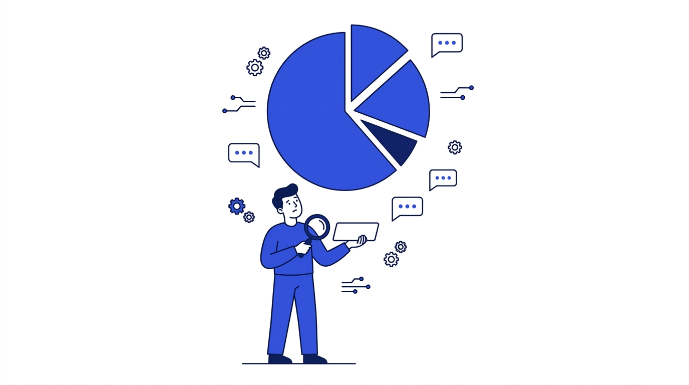 Flat illustration of a puzzled person beneath a huge AI-citation pie chart holding a small empty brand nameplate
