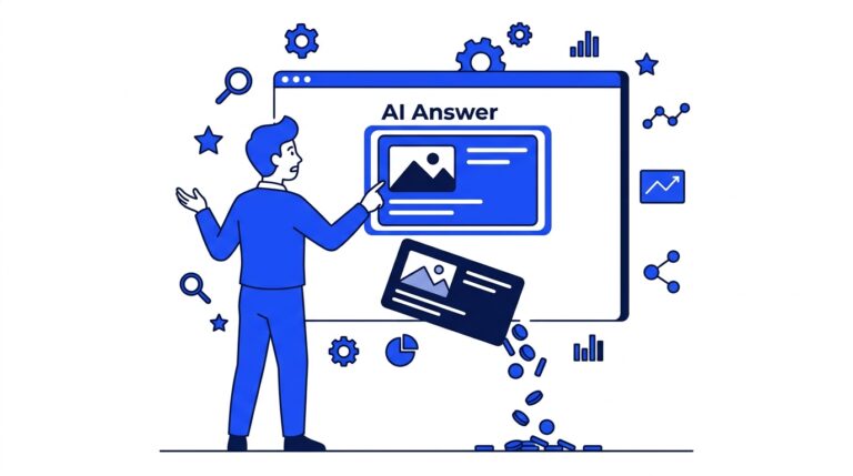 Flat illustration of a buyer at an AI answer screen naming a competitor while their own greyed-out brand falls away and coins leak