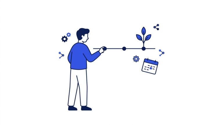 Flat illustration of a person examining a short three-milestone GEO timeline beside a young sapling, signalling a brand-new field