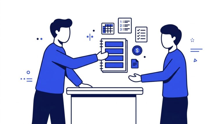 An agency professional handing a client a bound five-part GEO deliverable report across a desk.