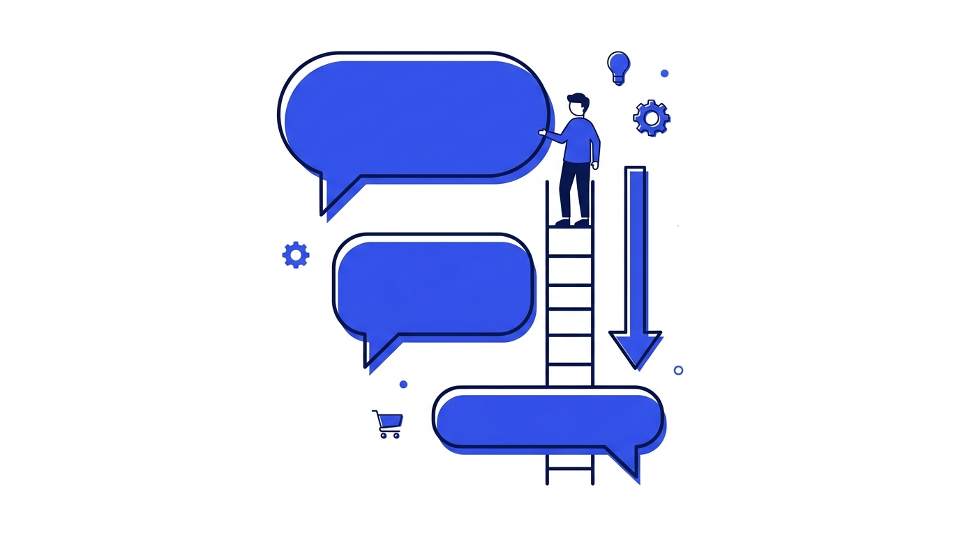 Flat illustration of a ladder of query bubbles rising from broad curiosity at the top to a narrow ready-to-buy query at the bottom