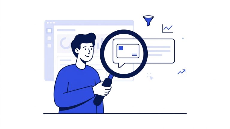 A marketer inspecting an AI assistant's answer with a magnifying glass to check whether their brand is cited.
