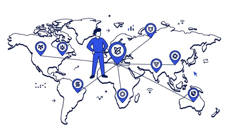 Flat illustration of a person on a city map where the home pin shows their brand and every other city pin shows a different competitor