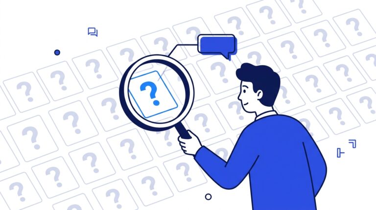 Flat illustration of a person with a magnifying glass over a grid of query cards, one lit up and linked to an AI chat bubble