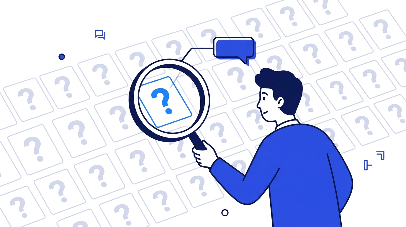 Flat illustration of a person with a magnifying glass over a grid of query cards, one lit up and linked to an AI chat bubble