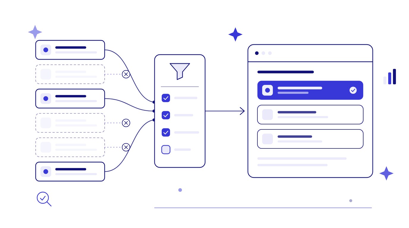 Six vendor cards pass through an AI agent's constraint checklist; three are eliminated and three reach a shortlist where one is selected